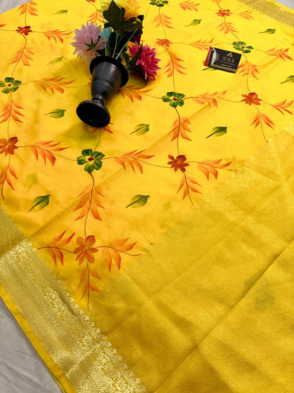 Yellow Chiniya Silk Banarasi Saree – Soft, Elegant &amp; Traditional