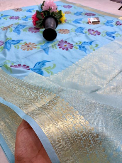 Sky Blue Chiniya Silk Banarasi Saree – Soft, Elegant &amp; Traditional
