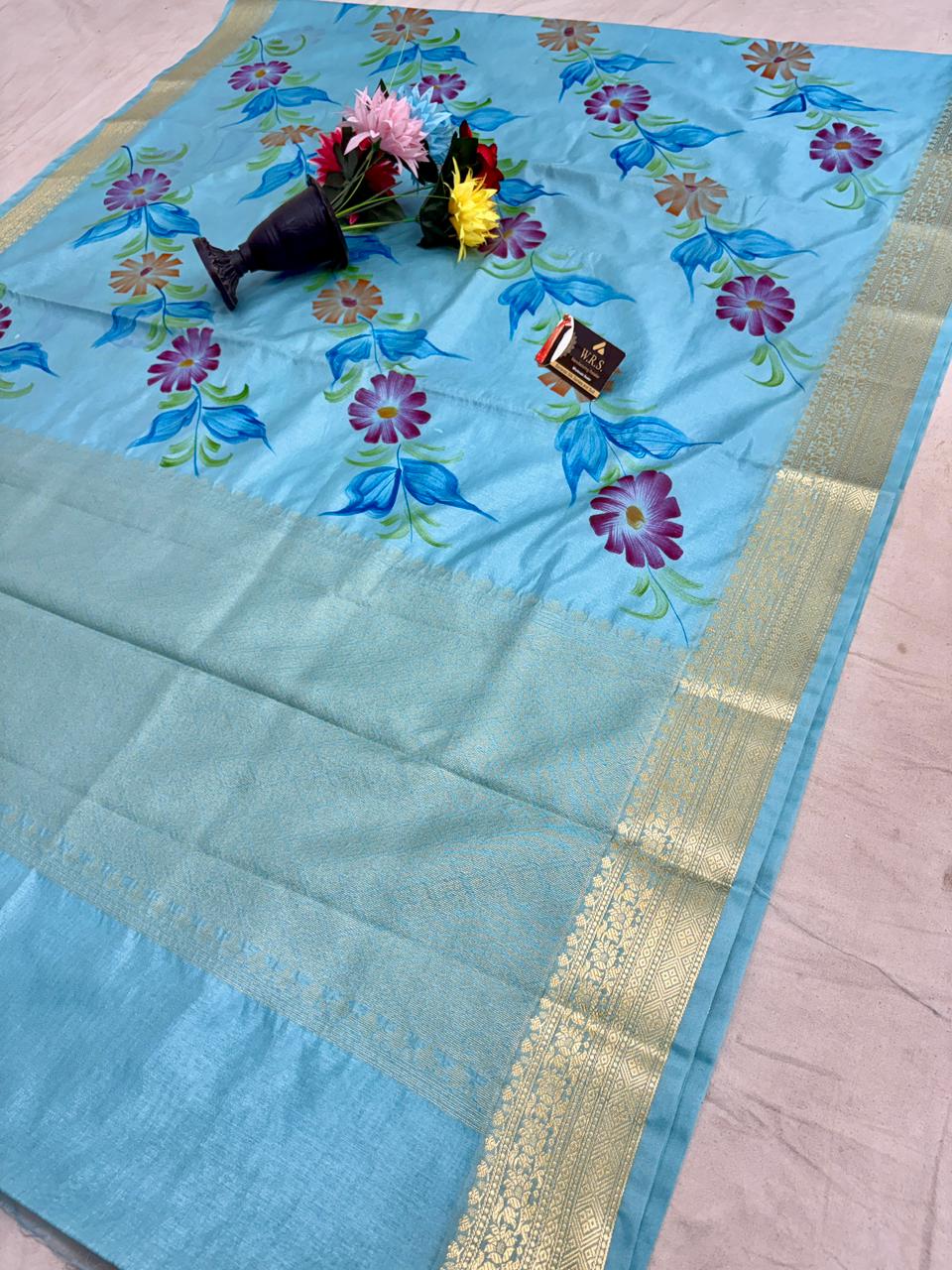 Sky Blue Chiniya Silk Banarasi Saree – Soft, Elegant &amp; Traditional