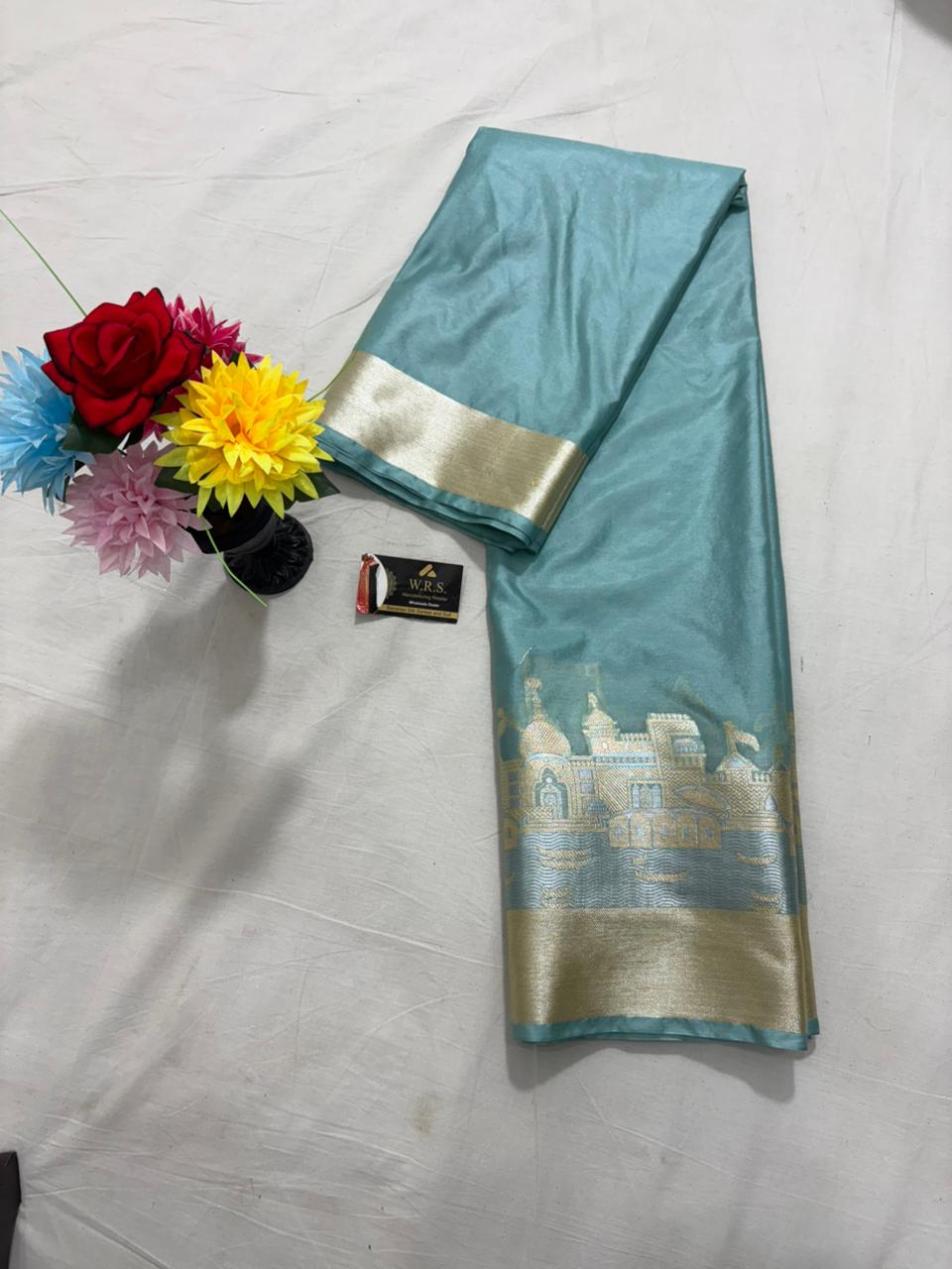 Sky Blue Katan Georgette Banarasi Saree – Elegant Banaras Ghat Design