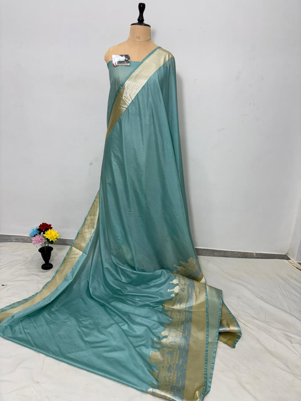 Sky Blue Katan Georgette Banarasi Saree – Elegant Banaras Ghat Design