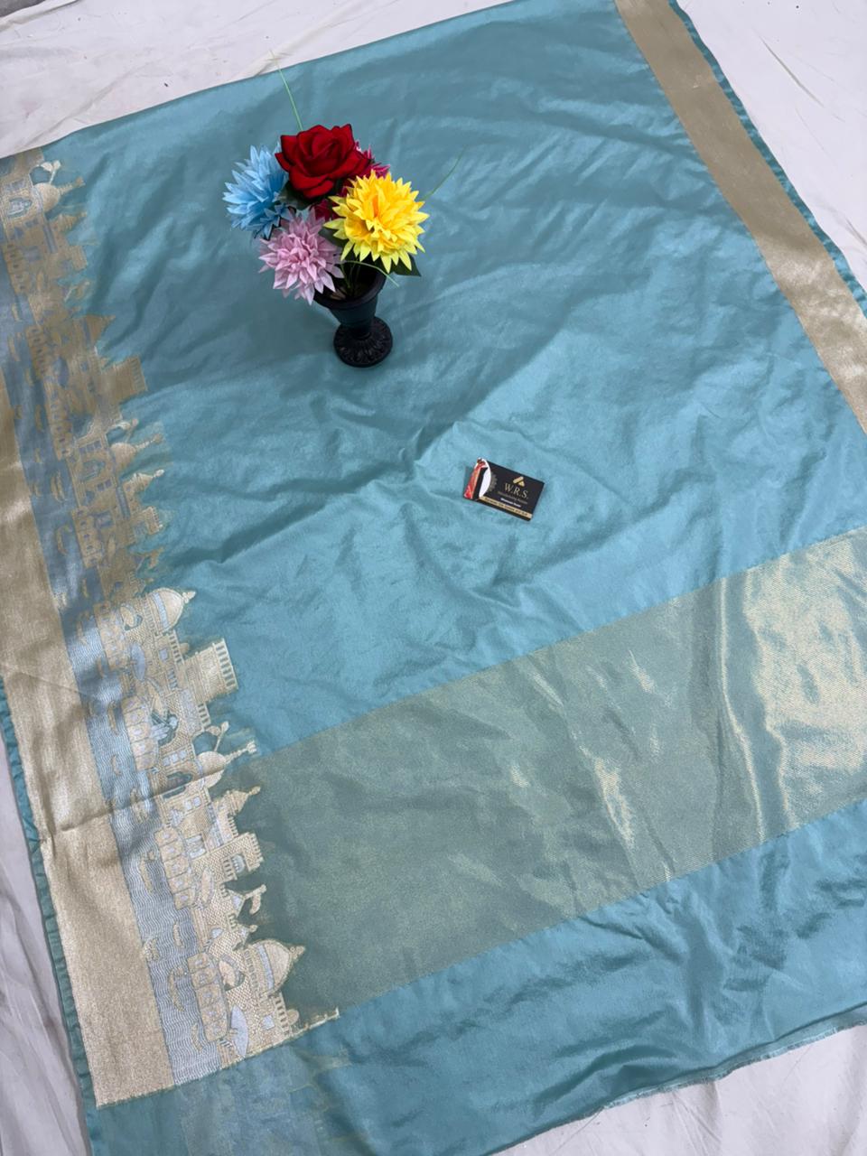 Sky Blue Katan Georgette Banarasi Saree – Elegant Banaras Ghat Design
