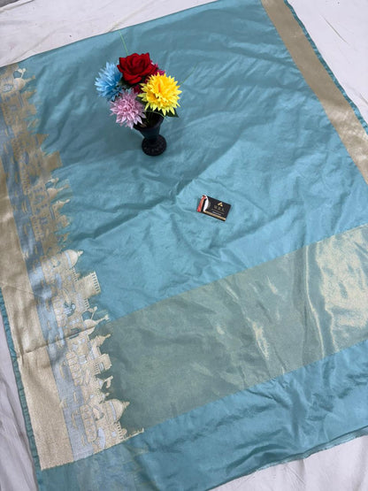 Sky Blue Katan Georgette Banarasi Saree – Elegant Banaras Ghat Design