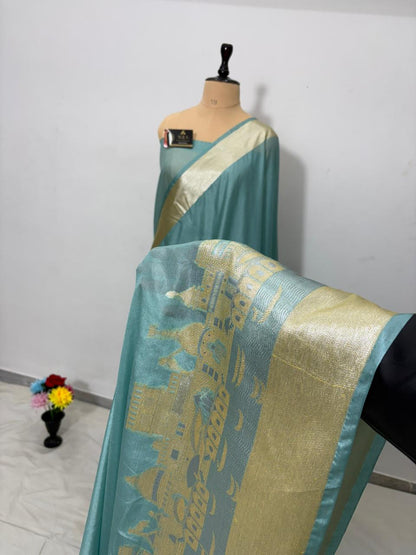Sky Blue Katan Georgette Banarasi Saree – Elegant Banaras Ghat Design
