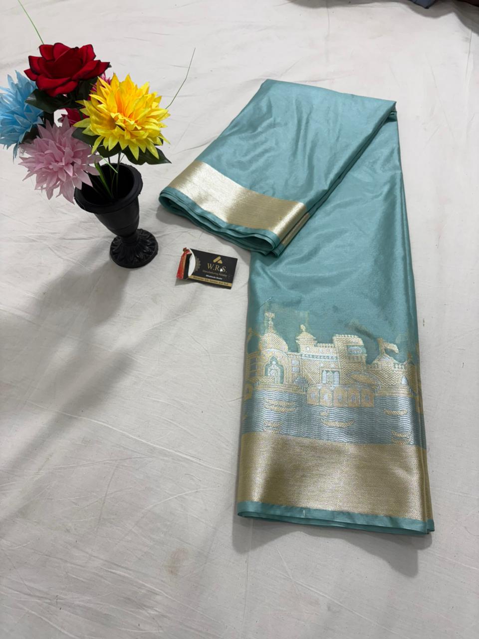 Sky Blue Katan Georgette Banarasi Saree – Elegant Banaras Ghat Design