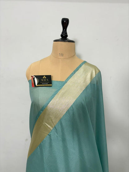 Sky Blue Katan Georgette Banarasi Saree – Elegant Banaras Ghat Design