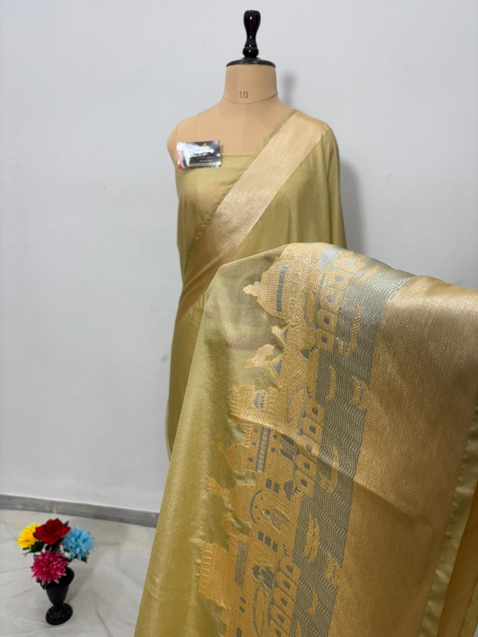Golden Beige Katan Georgette Banarasi Saree – Elegant Banaras Ghat Design