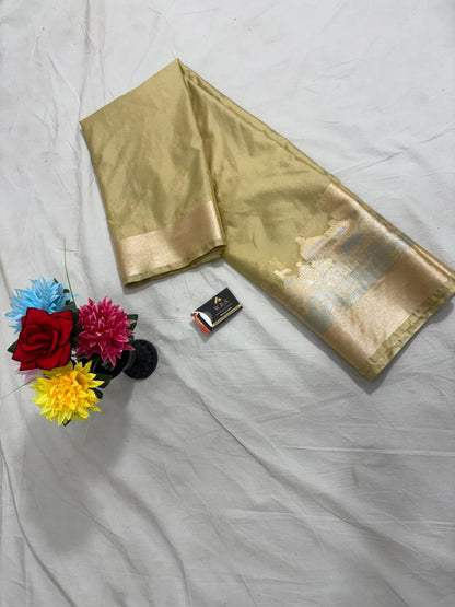 Golden Beige Katan Georgette Banarasi Saree – Elegant Banaras Ghat Design