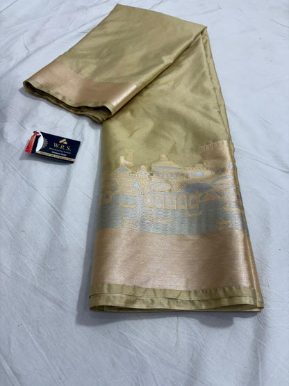 Golden Beige Katan Georgette Banarasi Saree – Elegant Banaras Ghat Design