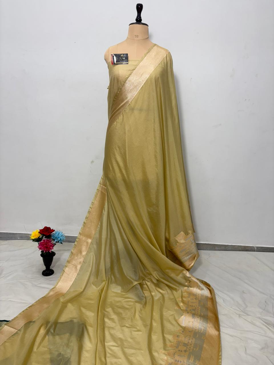 Golden Beige Katan Georgette Banarasi Saree – Elegant Banaras Ghat Design