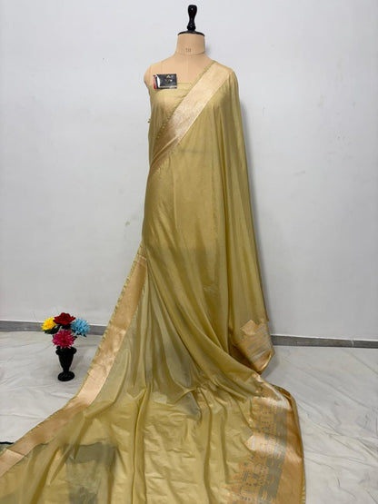 Golden Beige Katan Georgette Banarasi Saree – Elegant Banaras Ghat Design