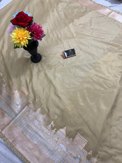 Golden Beige Katan Georgette Banarasi Saree – Elegant Banaras Ghat Design