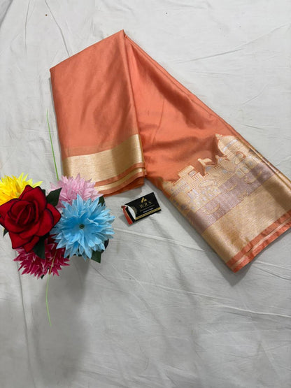 Peach Katan Georgette Banarasi Saree – Elegant Banaras Ghat Design