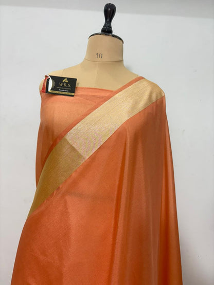 Peach Katan Georgette Banarasi Saree – Elegant Banaras Ghat Design