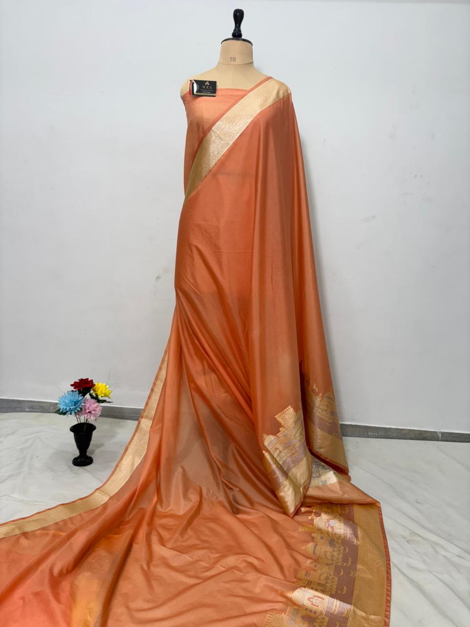 Peach Katan Georgette Banarasi Saree – Elegant Banaras Ghat Design