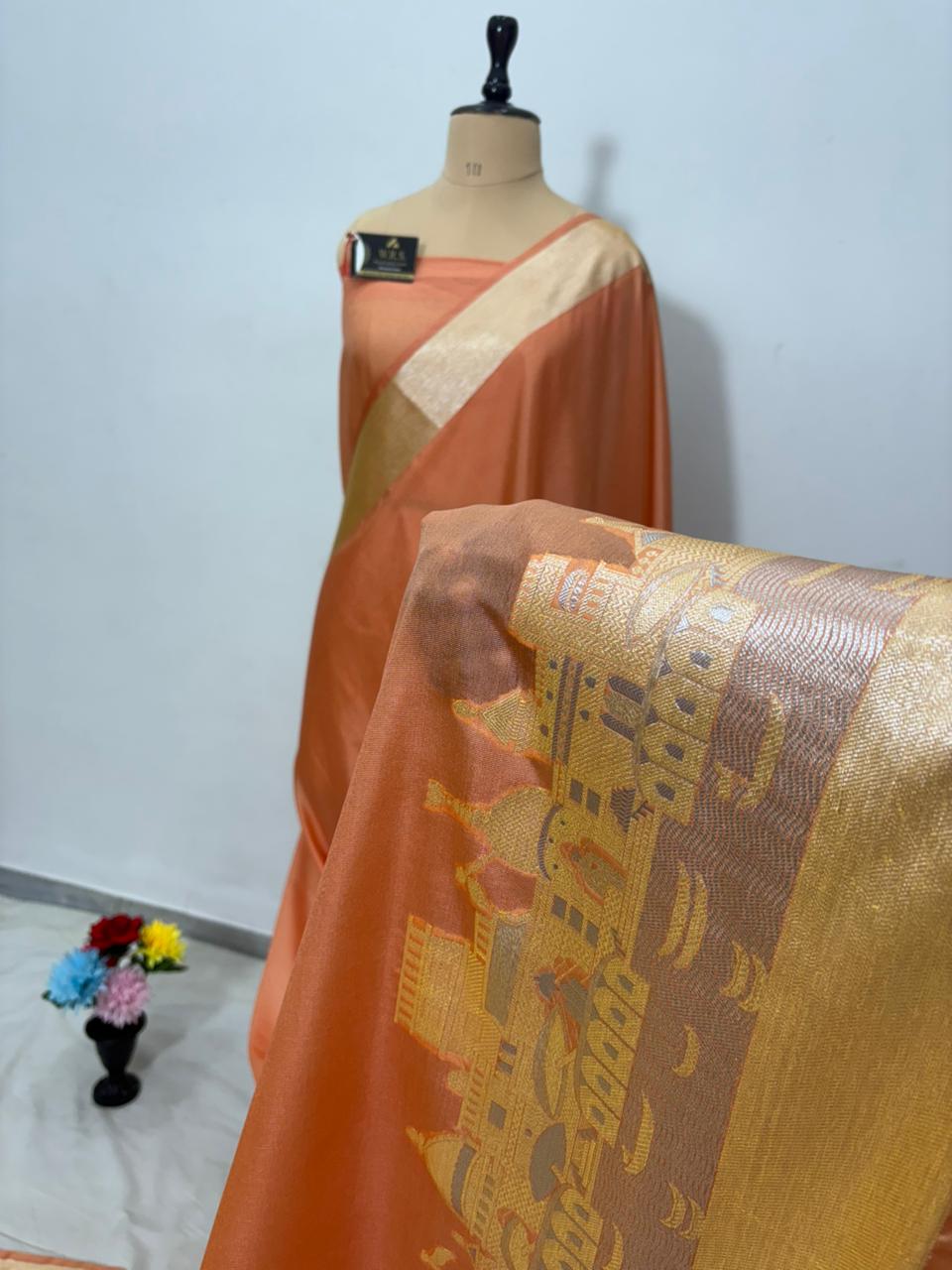 Peach Katan Georgette Banarasi Saree – Elegant Banaras Ghat Design