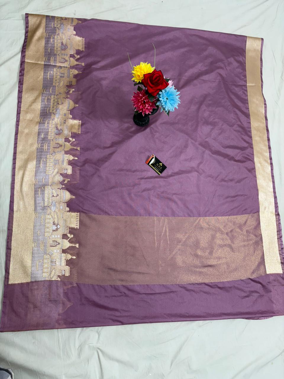 Mauve Katan Georgette Banarasi Saree – Elegant Banaras Ghat Design
