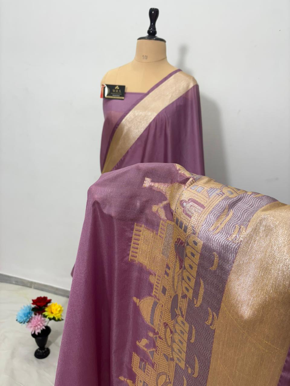 Mauve Katan Georgette Banarasi Saree – Elegant Banaras Ghat Design