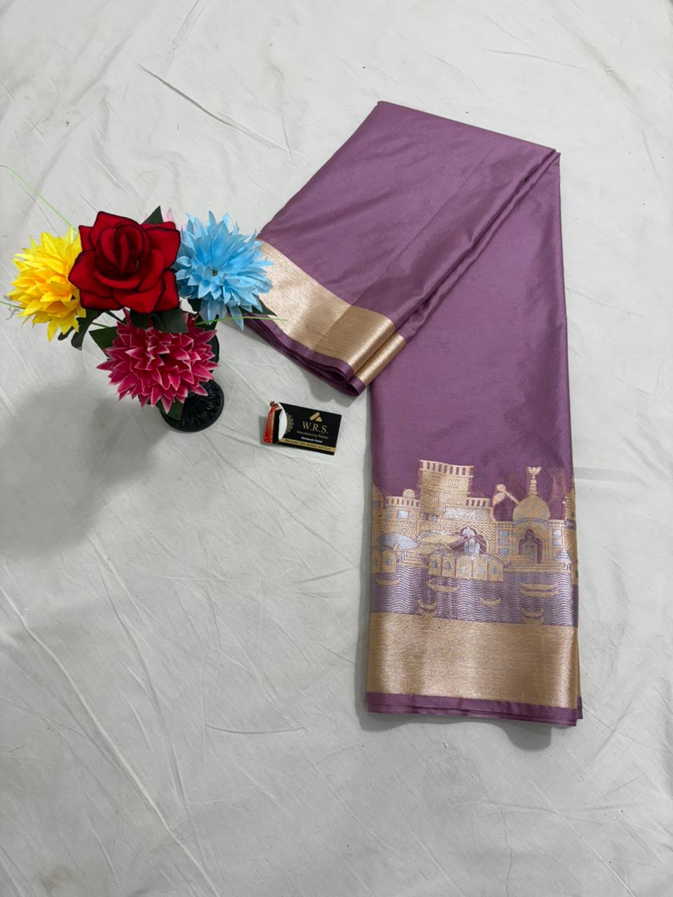Mauve Katan Georgette Banarasi Saree – Elegant Banaras Ghat Design