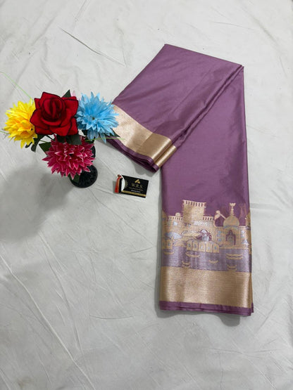 Mauve Katan Georgette Banarasi Saree – Elegant Banaras Ghat Design