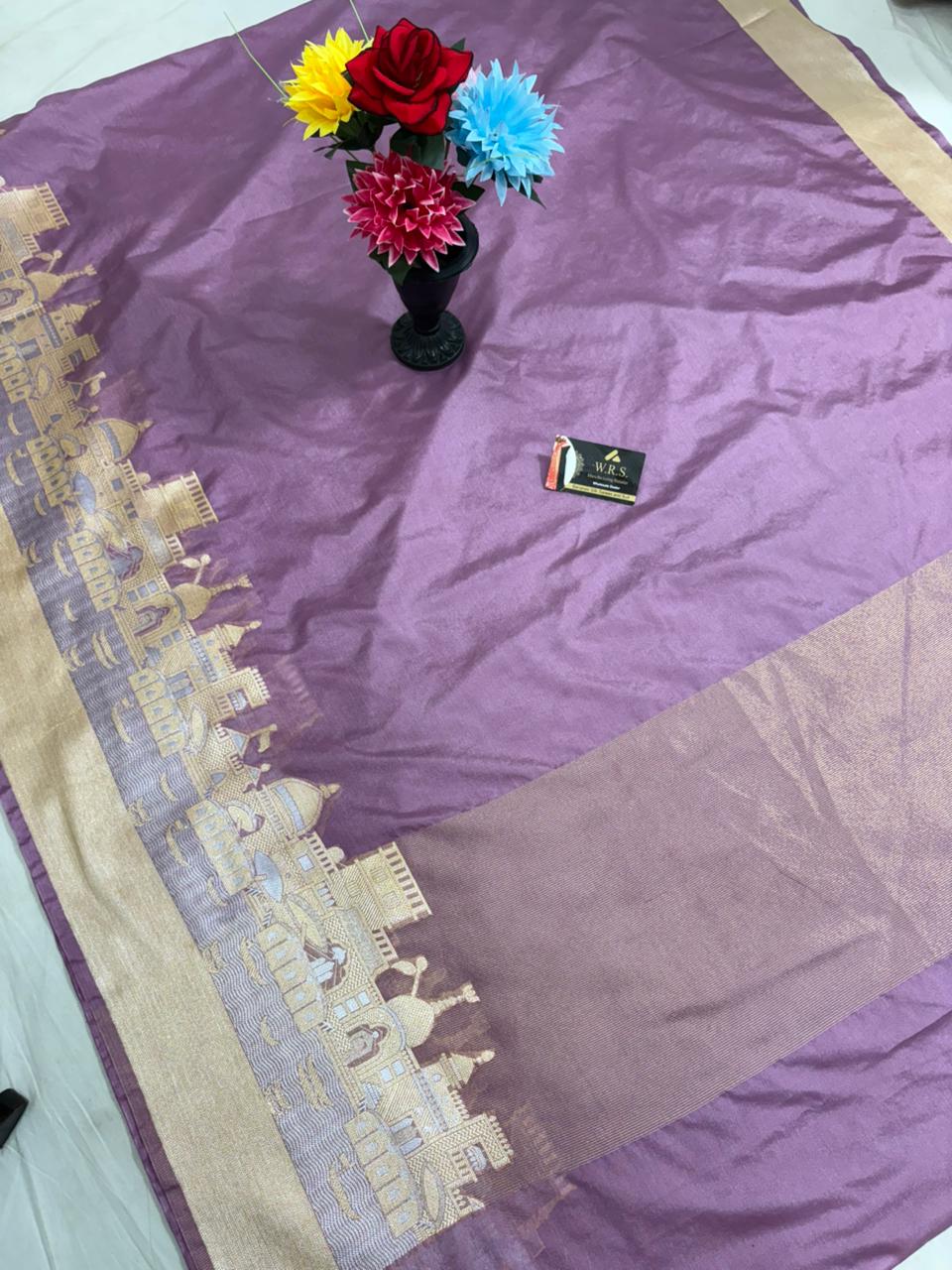 Mauve Katan Georgette Banarasi Saree – Elegant Banaras Ghat Design