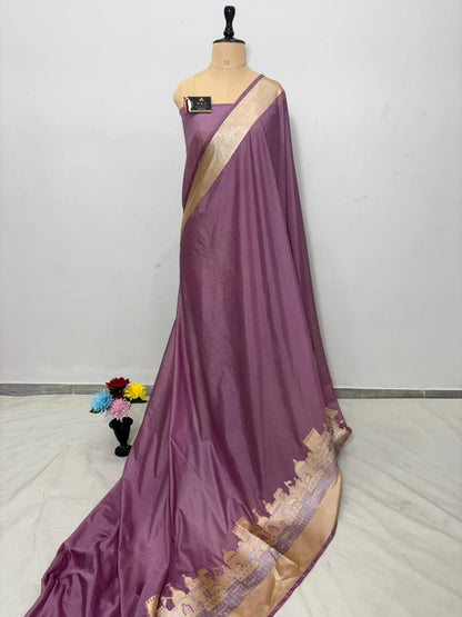 Mauve Katan Georgette Banarasi Saree – Elegant Banaras Ghat Design
