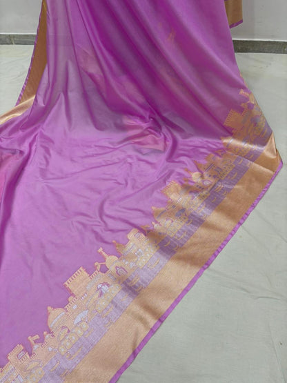 Lavender Katan Georgette Banarasi Saree – Elegant Banaras Ghat Design