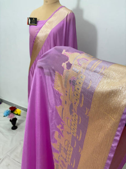 Lavender Katan Georgette Banarasi Saree – Elegant Banaras Ghat Design