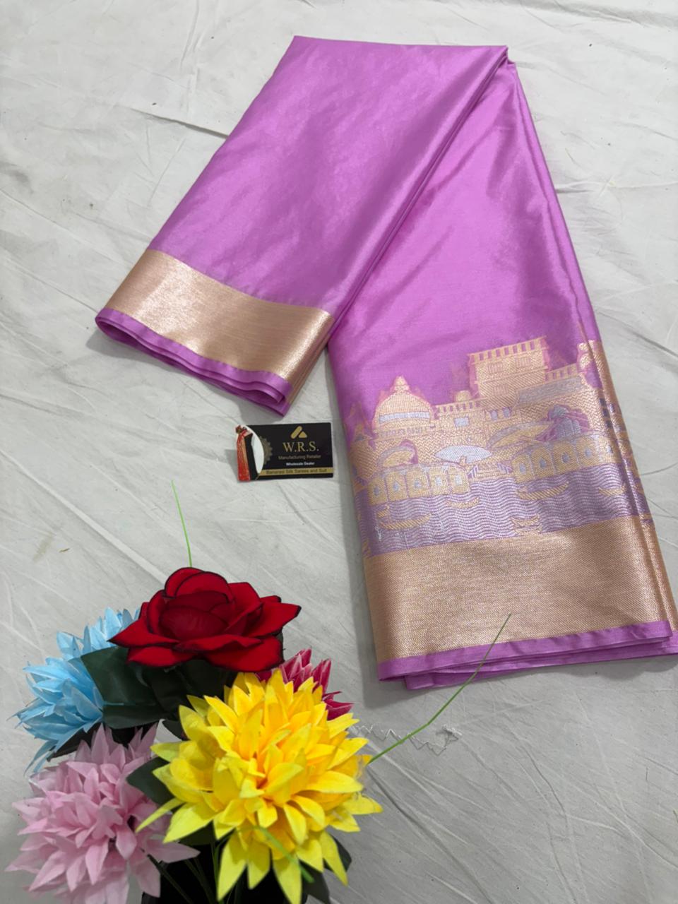 Lavender Katan Georgette Banarasi Saree – Elegant Banaras Ghat Design