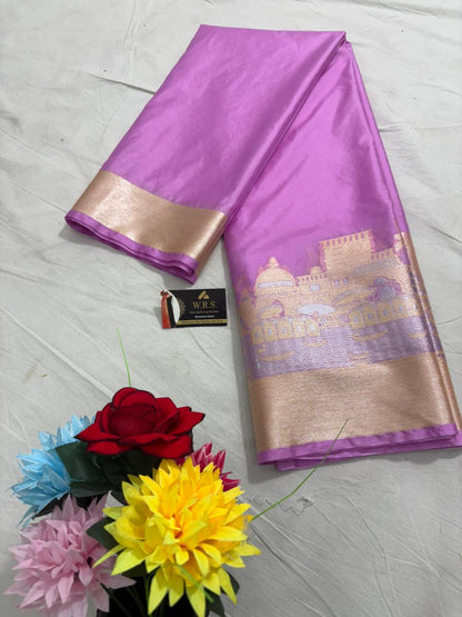 Lavender Katan Georgette Banarasi Saree – Elegant Banaras Ghat Design