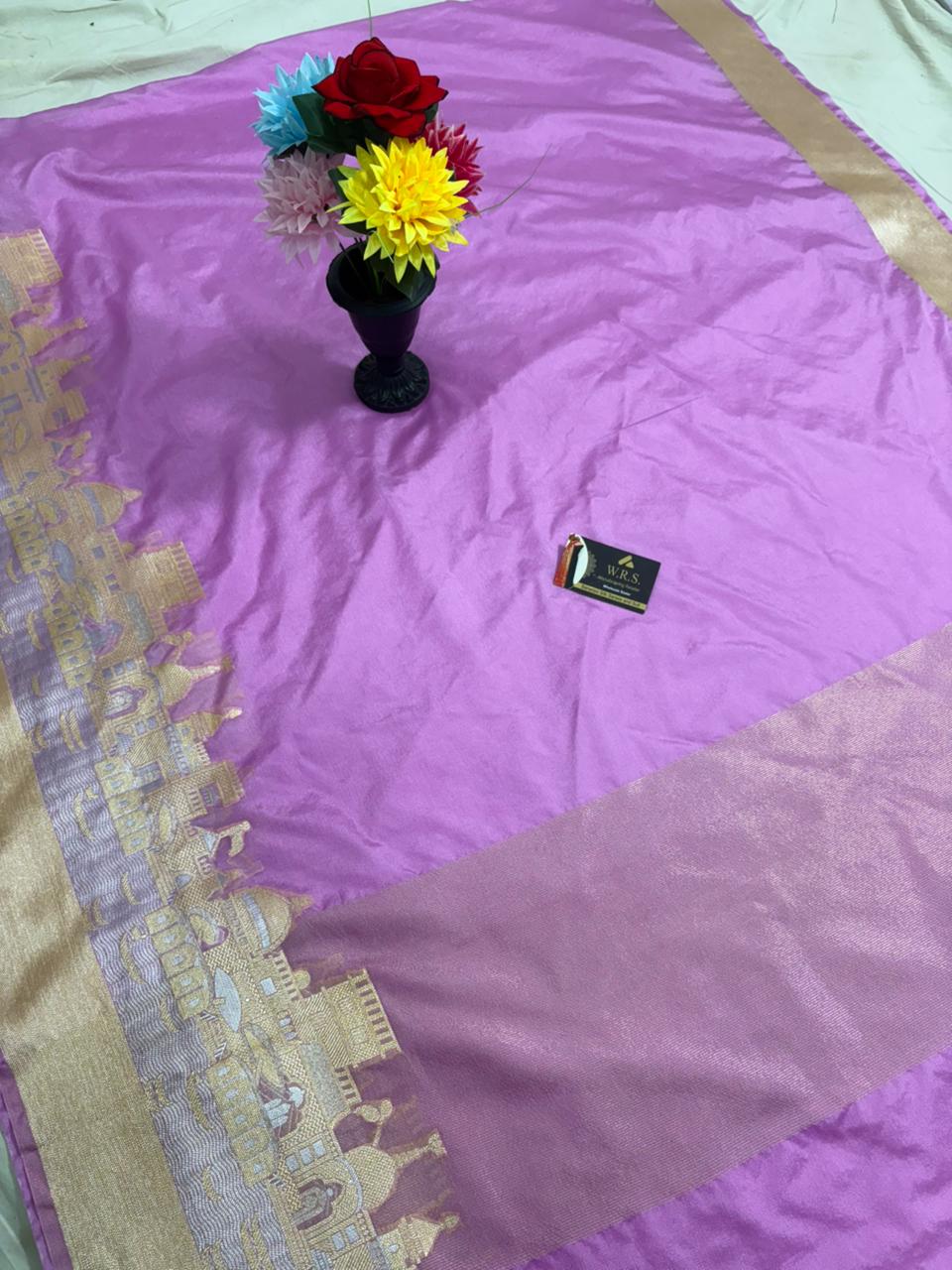 Lavender Katan Georgette Banarasi Saree – Elegant Banaras Ghat Design