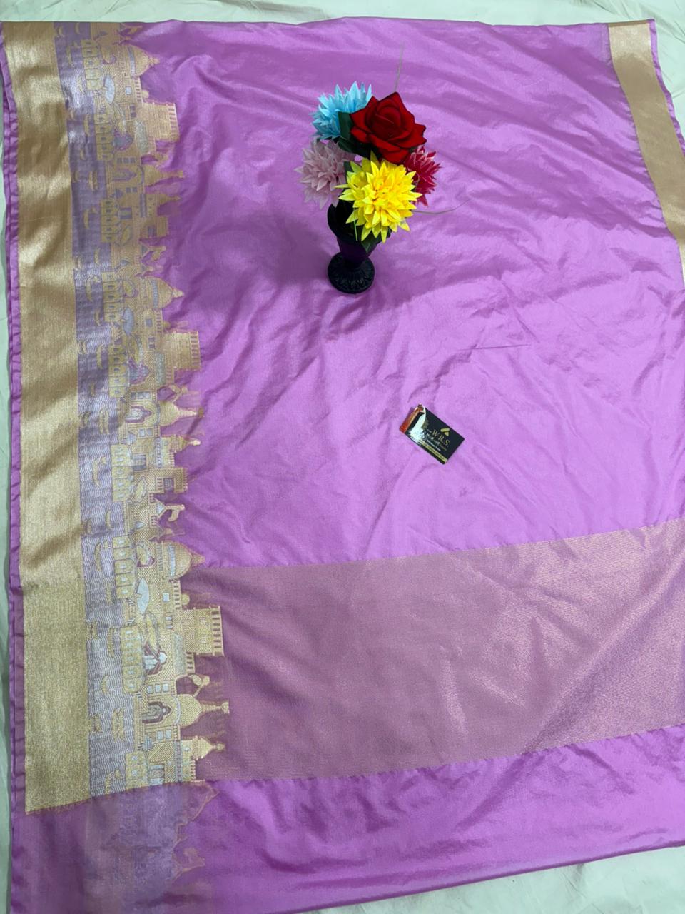 Lavender Katan Georgette Banarasi Saree – Elegant Banaras Ghat Design