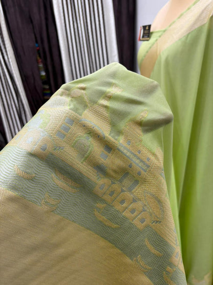 Pista Green Katan Georgette Banarasi Saree – Elegant Banaras Ghat Design