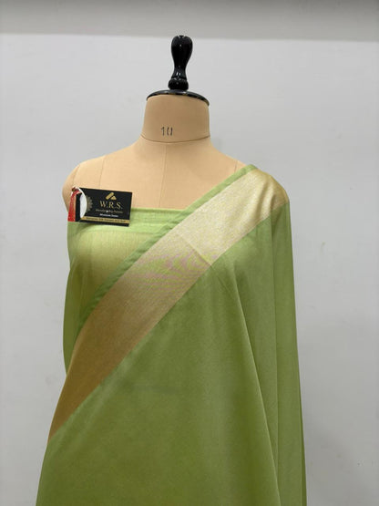 Pista Green Katan Georgette Banarasi Saree – Elegant Banaras Ghat Design
