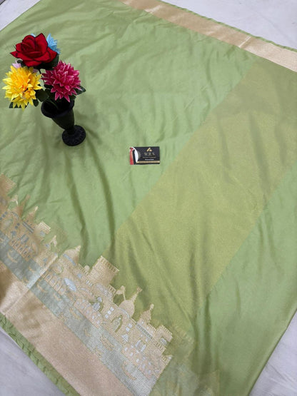 Pista Green Katan Georgette Banarasi Saree – Elegant Banaras Ghat Design