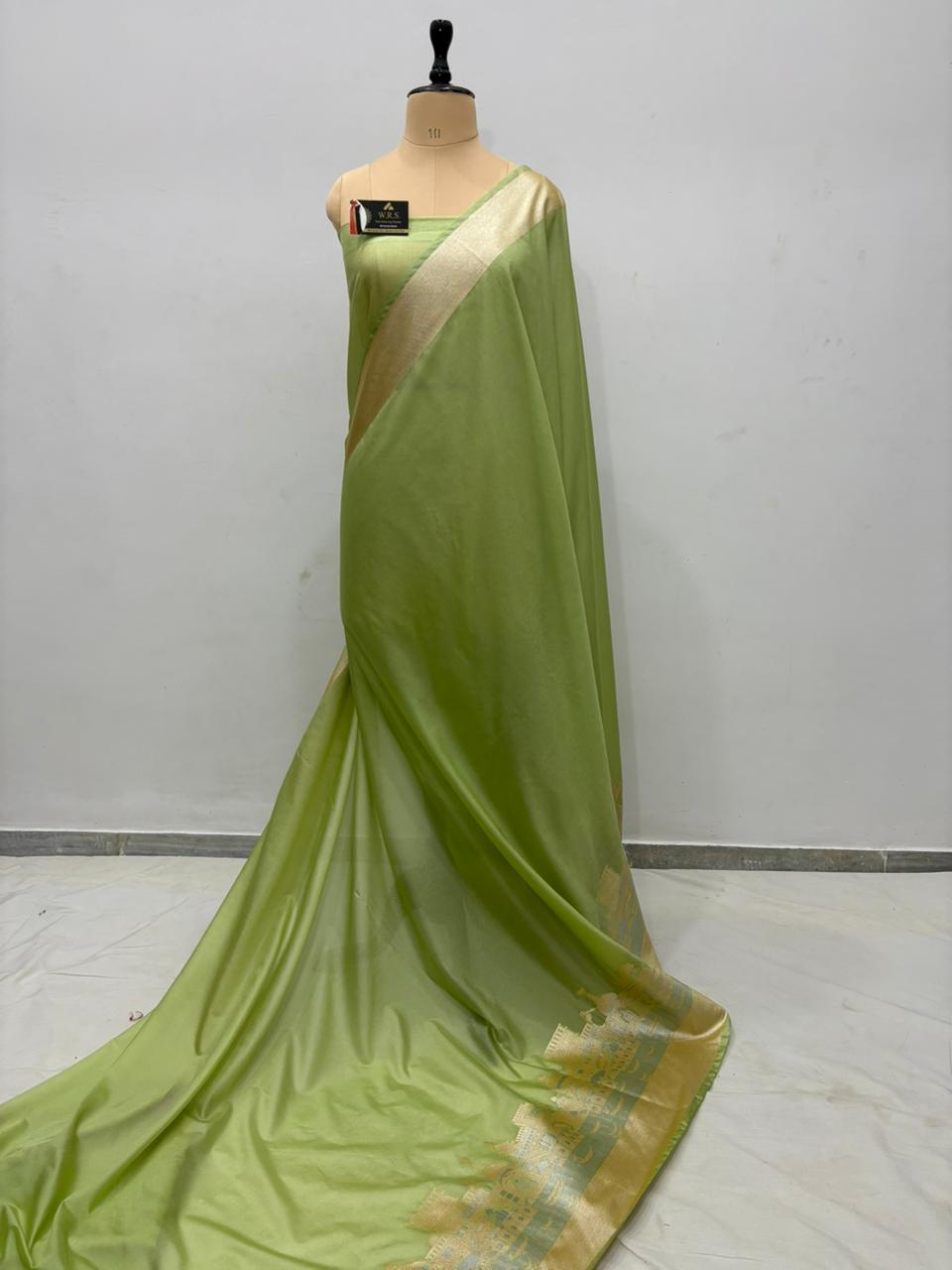 Pista Green Katan Georgette Banarasi Saree – Elegant Banaras Ghat Design