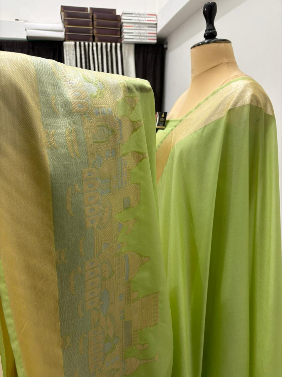 Pista Green Katan Georgette Banarasi Saree – Elegant Banaras Ghat Design