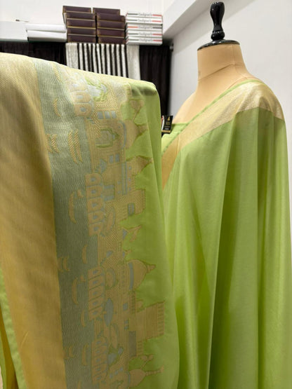 Pista Green Katan Georgette Banarasi Saree – Elegant Banaras Ghat Design