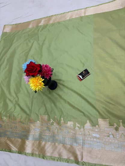Pista Green Katan Georgette Banarasi Saree – Elegant Banaras Ghat Design