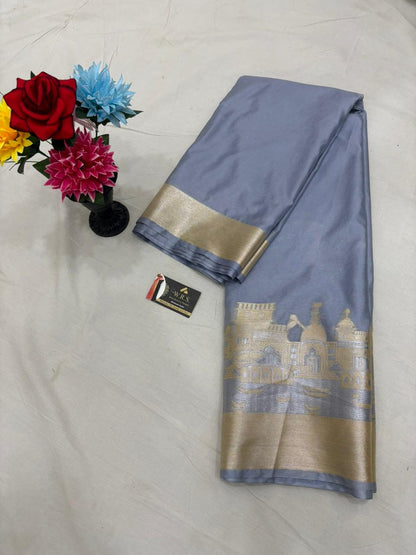 Silver Grey Katan Georgette Banarasi Saree – Elegant Banaras Ghat Design