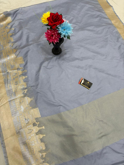 Silver Grey Katan Georgette Banarasi Saree – Elegant Banaras Ghat Design