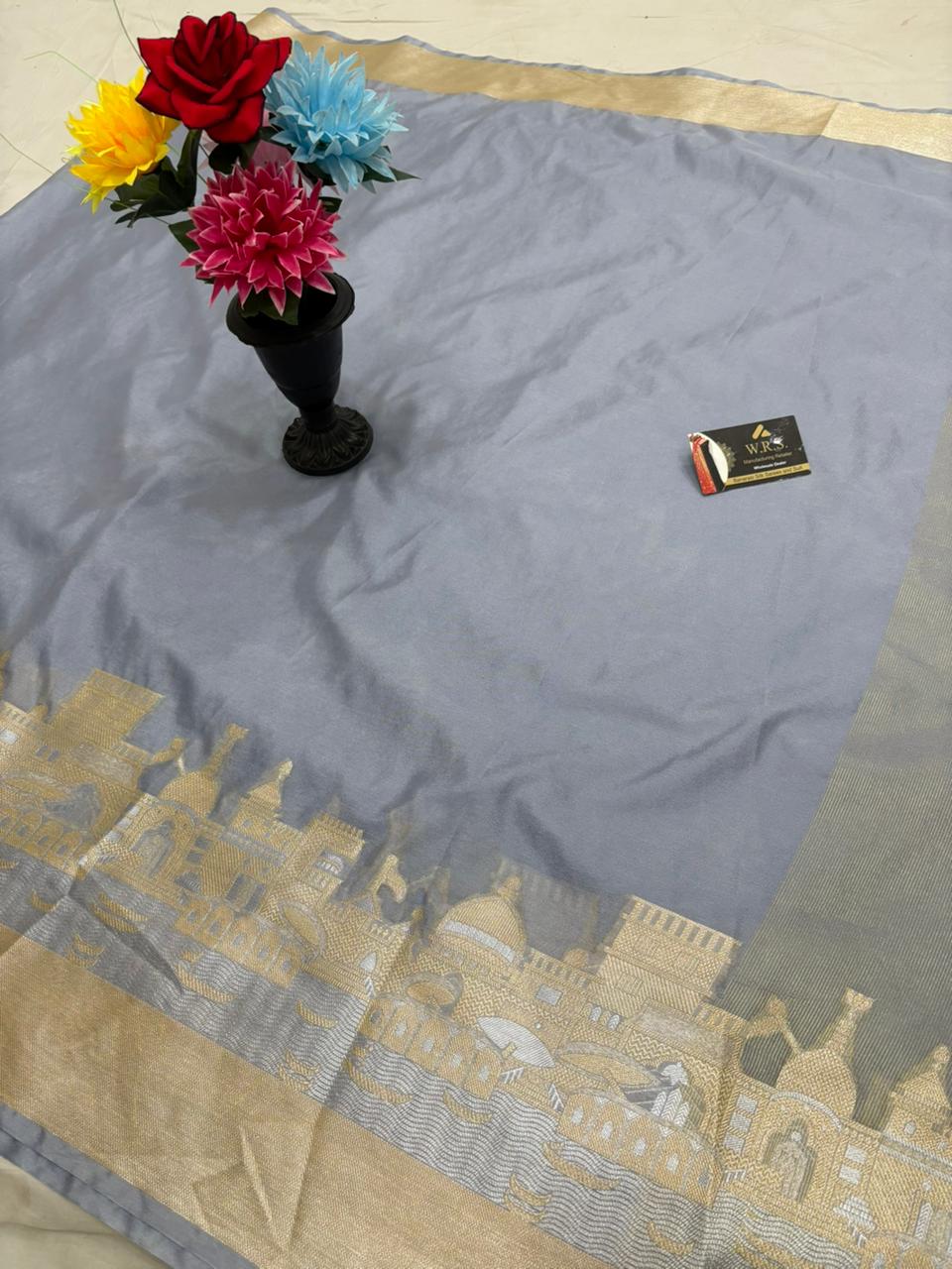 Silver Grey Katan Georgette Banarasi Saree – Elegant Banaras Ghat Design