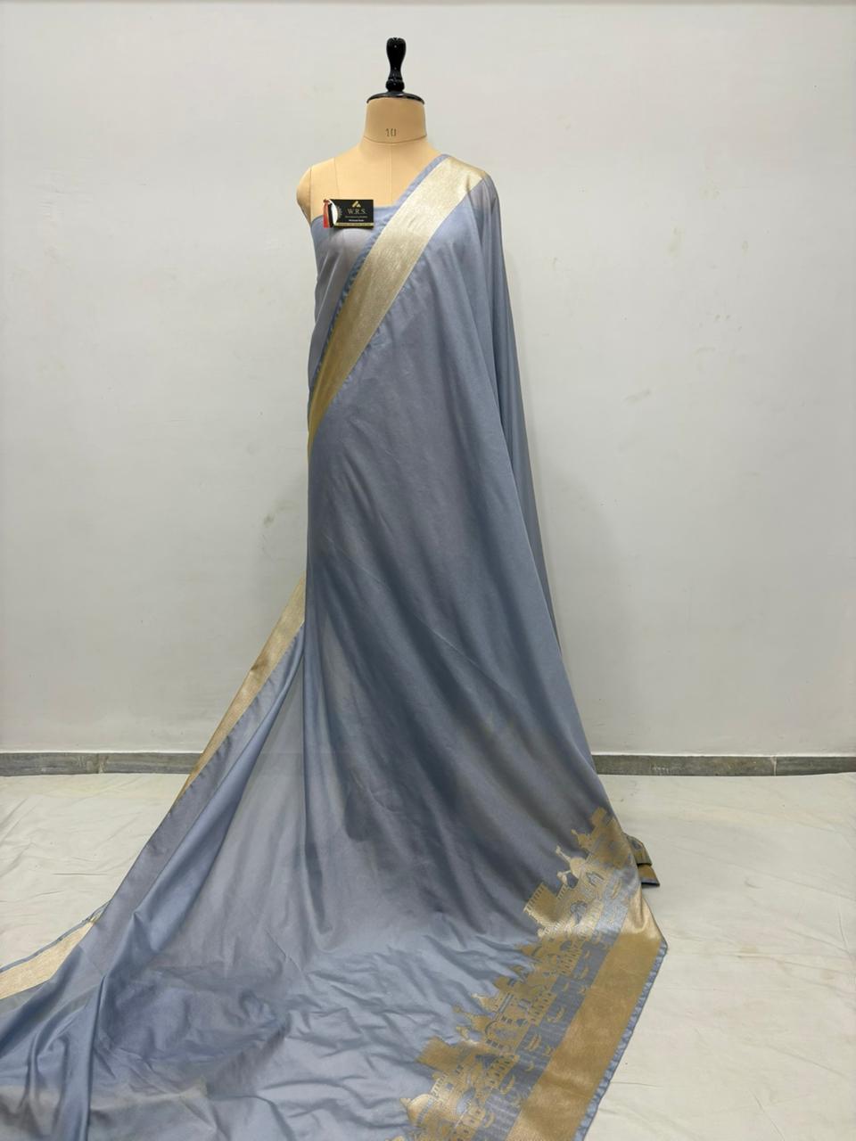 Silver Grey Katan Georgette Banarasi Saree – Elegant Banaras Ghat Design