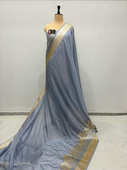 Silver Grey Katan Georgette Banarasi Saree – Elegant Banaras Ghat Design