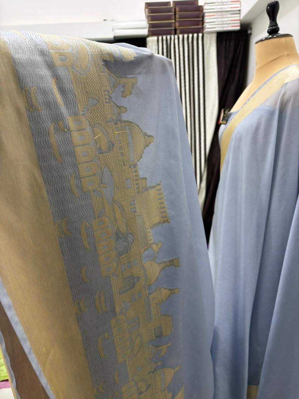 Silver Grey Katan Georgette Banarasi Saree – Elegant Banaras Ghat Design