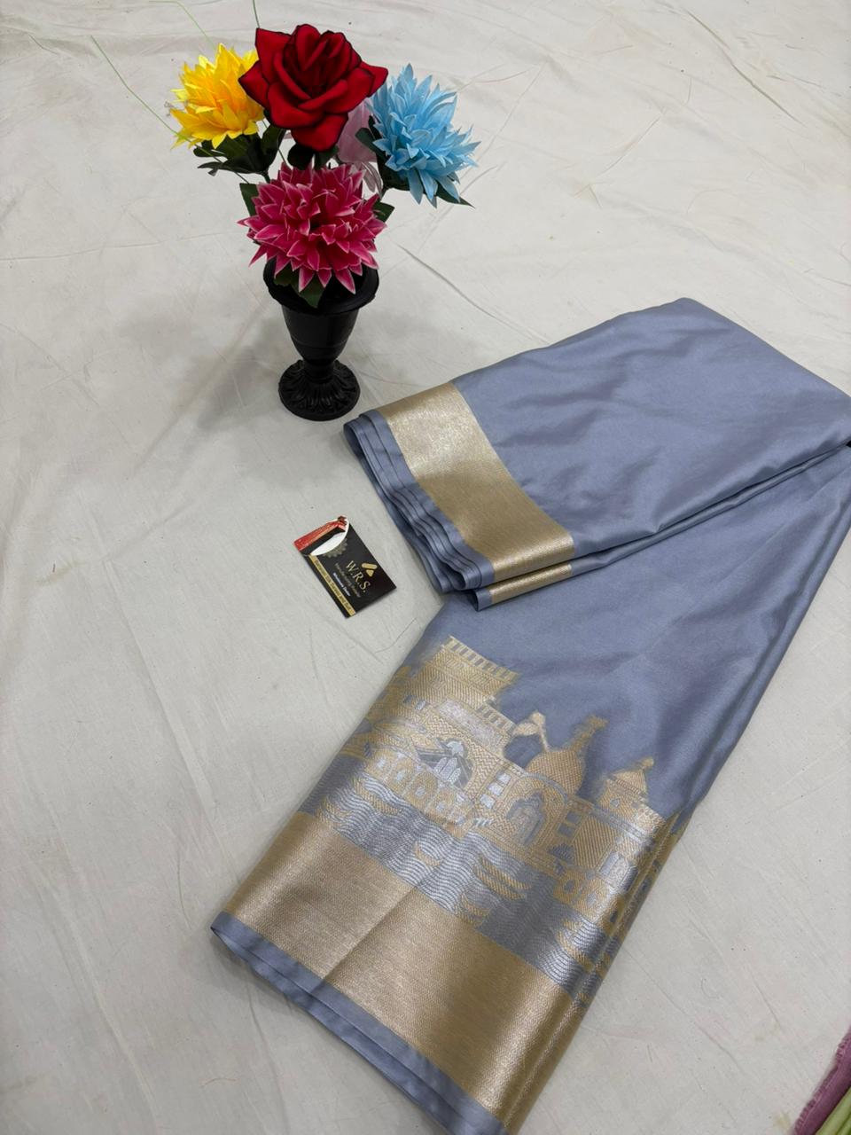 Silver Grey Katan Georgette Banarasi Saree – Elegant Banaras Ghat Design