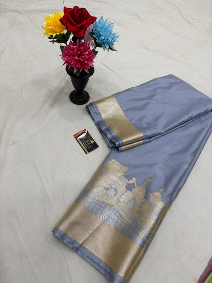 Silver Grey Katan Georgette Banarasi Saree – Elegant Banaras Ghat Design