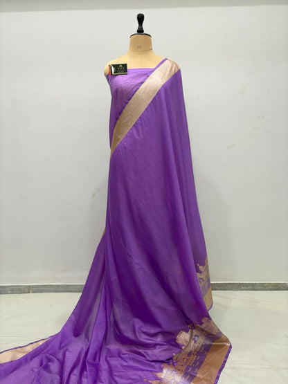 Royal Purple Katan Georgette Banarasi Saree – Elegant Banaras Ghat Design
