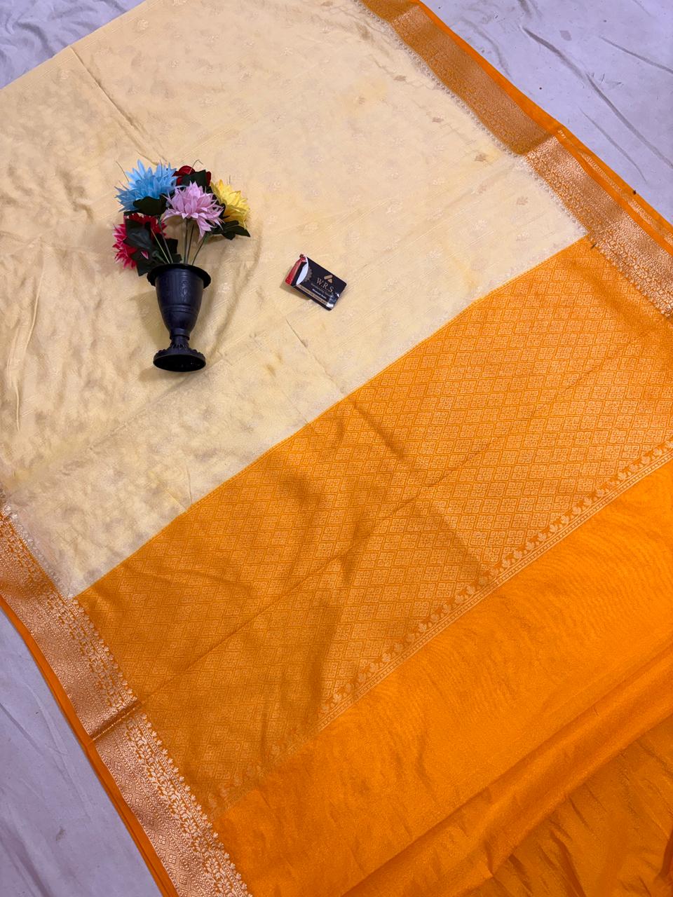 Mustard Yellow Chiniya D.P.N Banarasi Saree – Soft, Elegant &amp; Festive Wear