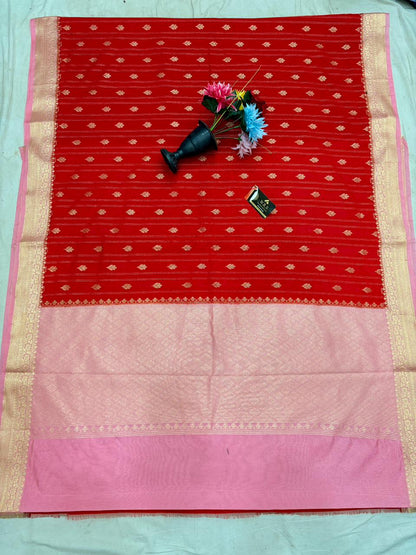 Classic Red Chiniya D.P.N Banarasi Saree – Soft, Elegant &amp; Festive Wear